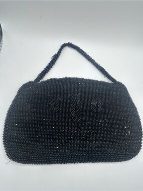 VTG Black Beaded Evening Clutch with Top Handle